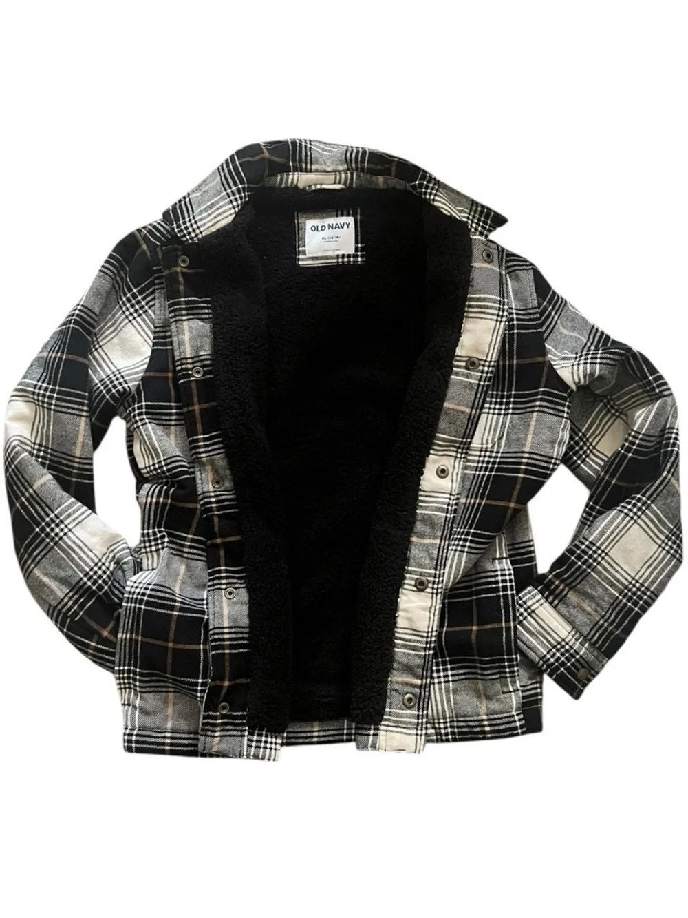 Boys Old Navy Plaid Sherpa-Lined Jacket XL Black White